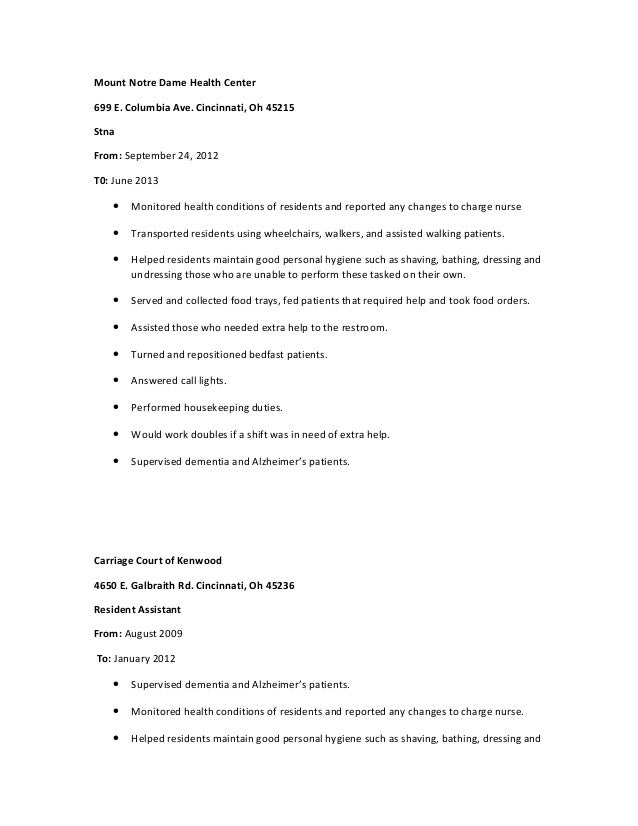 stna resume under fontanacountryinn com stna resume