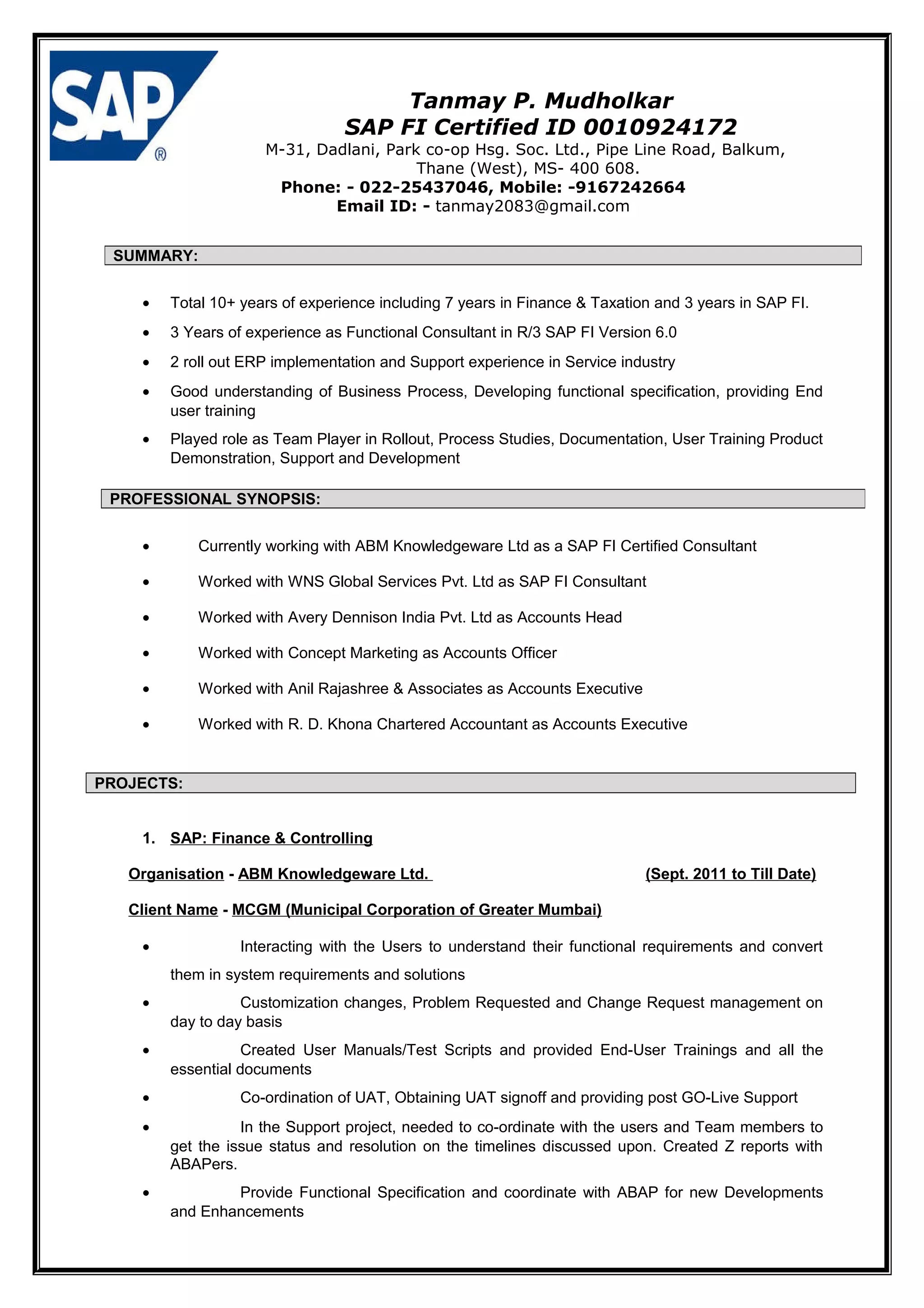Tanmay Mudholkar Resume+(SAP) | PDF