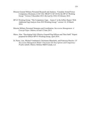 Director General Military Personnel Research and Analysis. “Canadian Armed Forces
Competency Dictionary (CAF CD): DRAFT CAF CD for the DP 4-5 Working
Group.” Version 5 December 2013, Revised by CDA 10 February 2014.
DP 4/5 Working Group. “The Competency Gaps – Annex C to the Jeffery Report: With
Additional Gap Analysis from 2014 Working Group,” version 1.6, 24 March
2014.
Director Military Personnel Strategies and Coordination. Succession Management: A
Concept Paper. Ottawa, revised 12 June 2013.
Okros, Alan. “Developing Fully Effective General/Flag Officers and Their Staff.” Report
prepared for Officer DP 4/5 Working Group, April 2014.
St. Pierre, Line, Michael Vanderpool, Christianne Blanchette, and Francesca Ruscito. CF
Succession Management Model: Functional Job Descriptions and Competency
Profiles (draft). Ottawa: Defence R&D Canada, n.d.
116
 