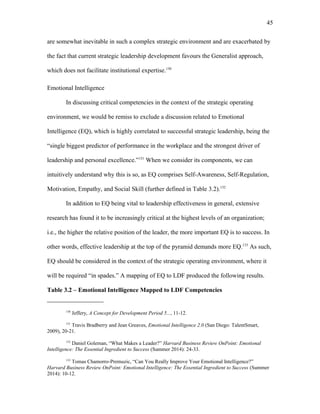 are somewhat inevitable in such a complex strategic environment and are exacerbated by
the fact that current strategic leadership development favours the Generalist approach,
which does not facilitate institutional expertise.130
Emotional Intelligence
In discussing critical competencies in the context of the strategic operating
environment, we would be remiss to exclude a discussion related to Emotional
Intelligence (EQ), which is highly correlated to successful strategic leadership, being the
“single biggest predictor of performance in the workplace and the strongest driver of
leadership and personal excellence.”131
When we consider its components, we can
intuitively understand why this is so, as EQ comprises Self-Awareness, Self-Regulation,
Motivation, Empathy, and Social Skill (further defined in Table 3.2).132
In addition to EQ being vital to leadership effectiveness in general, extensive
research has found it to be increasingly critical at the highest levels of an organization;
i.e., the higher the relative position of the leader, the more important EQ is to success. In
other words, effective leadership at the top of the pyramid demands more EQ.133
As such,
EQ should be considered in the context of the strategic operating environment, where it
will be required “in spades.” A mapping of EQ to LDF produced the following results.
Table 3.2 – Emotional Intelligence Mapped to LDF Competencies
130
Jeffery, A Concept for Development Period 5..., 11-12.
131
Travis Bradberry and Jean Greaves, Emotional Intelligence 2.0 (San Diego: TalentSmart,
2009), 20-21.
132
Daniel Goleman, “What Makes a Leader?” Harvard Business Review OnPoint: Emotional
Intelligence: The Essential Ingredient to Success (Summer 2014): 24-33.
133
Tomas Chamorro-Premuzic, “Can You Really Improve Your Emotional Intelligence?”
Harvard Business Review OnPoint: Emotional Intelligence: The Essential Ingredient to Success (Summer
2014): 10-12.
45
 