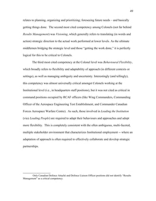 relates to planning, organizing and prioritizing; foreseeing future needs – and basically
getting things done. The second most cited competency among Colonels (not far behind
Results Management) was Visioning, which generally refers to translating (in words and
action) strategic direction to the actual work performed at lower levels. As the ultimate
middlemen bridging the strategic level and those “getting the work done,” it is perfectly
logical for this to be critical to Colonels.
The third most cited competency at the Colonel level was Behavioural Flexibility,
which broadly refers to flexibility and adaptability of approach (in different contexts or
settings), as well as managing ambiguity and uncertainty. Interestingly (and tellingly),
this competency was almost universally critical amongst Colonels working at the
Institutional level (i.e., in headquarters staff positions), but it was not cited as critical in
command positions occupied by RCAF officers (like Wing Commanders, Commanding
Officer of the Aerospace Engineering Test Establishment, and Commander Canadian
Forces Aerospace Warfare Centre). As such, those involved in Leading the Institution
(vice Leading People) are required to adapt their behaviours and approaches and adopt
more flexibility. This is completely consistent with the often ambiguous, multi-faceted,
multiple stakeholder environment that characterizes Institutional employment -- where an
adaptation of approach is often required to effectively collaborate and develop strategic
partnerships.
Only Canadian Defence Attaché and Defence Liaison Officer positions did not identify “Results
Management” as a critical competency.
49
 