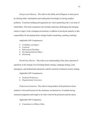 Interpersonal Maturity. This refers to the ability and willingness to share power
by eliciting others’ participation and seeking their knowledge in solving complex
problems. Consensus building and negotiation are vital to partnering with a vast array of
stakeholders. This meta-competency also includes analyzing, challenging and changing
culture to align it with a changing environment; in addition to having the maturity to take
responsibility for developing future strategic leaders (mentoring, coaching, teaching).
Applicable LDF Competencies:
• Credibility and Impact
• Creativity
• Behavioural Flexibility
• Developing Self and Others
• Partnering
World-Class Warrior. This refers to an understanding of the entire spectrum of
operations at the strategic level including theatre strategy; campaign strategy; joint,
interagency, and multinational operations; and the execution of national security strategy.
Applicable LDF Competencies:
• Technical Proficiency
• Organizational Awareness
Professional Astuteness. This refers to being leaders of the profession whose
ambition is first and foremost for the institution, not themselves. It includes having
situational judgement and insight to do what’s best for the profession and the nation.
Applicable LDF Competency:
• Commitment to Military Ethos
53
 