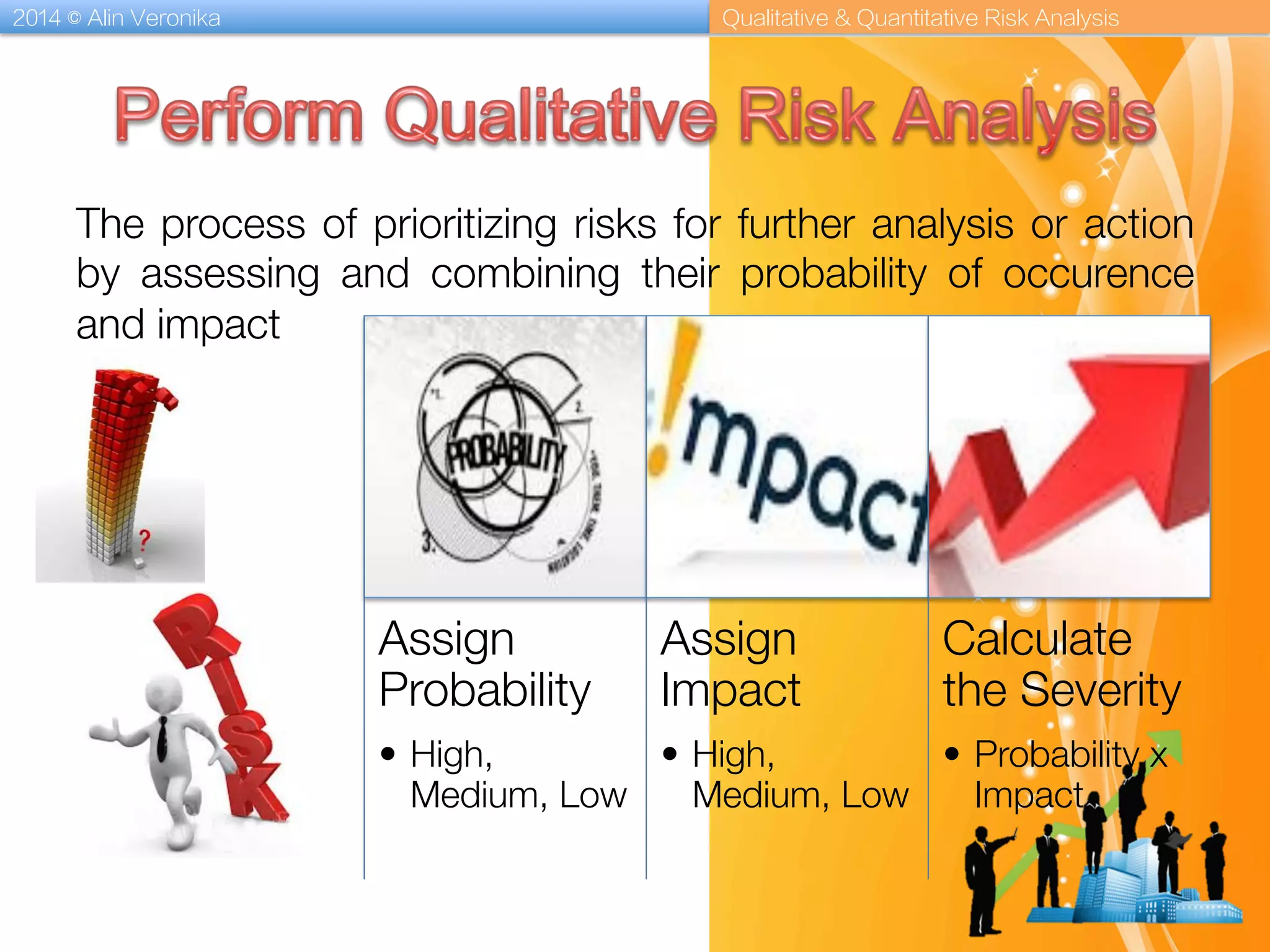 2014 © Alin Veronika Qualitative & Quantitative Risk Analysis
The process of prioritizing risks for further analysis or action
by assessing and combining their probability of occurence
and impact
Assign
Probability
•  High,
Medium, Low
Assign
Impact
•  High,
Medium, Low
Calculate
the Severity
•  Probability x
Impact
 
