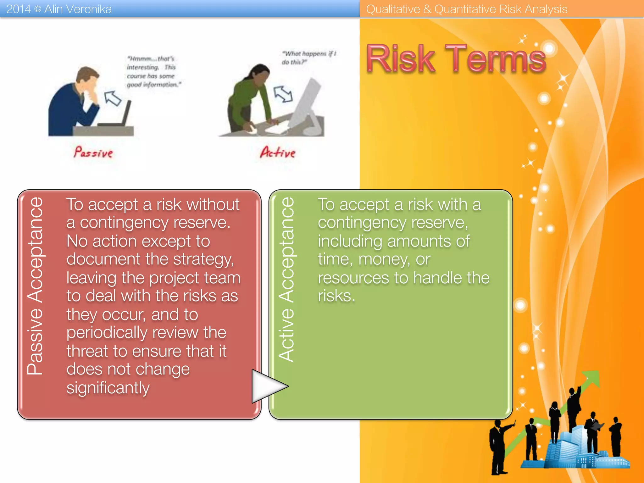2014 © Alin Veronika Qualitative & Quantitative Risk Analysis
PassiveAcceptance
To accept a risk without
a contingency reserve.
No action except to
document the strategy,
leaving the project team
to deal with the risks as
they occur, and to
periodically review the
threat to ensure that it
does not change
signiﬁcantly
ActiveAcceptance
To accept a risk with a
contingency reserve,
including amounts of
time, money, or
resources to handle the
risks.
 
