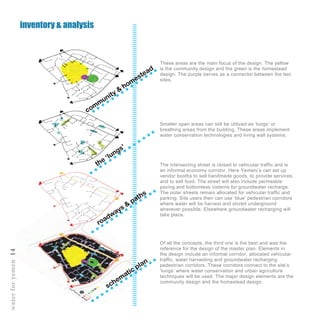 Of all the concepts, the third one is the best and was the
reference for the design of the master plan. Elements in
the design include an informal corridor, allocated vehicular
traffic, water harvesting and groundwater recharging
pedestrian corridors. These corridors connect to the site’s
‘lungs’ where water conservation and urban agriculture
techniques will be used. The major design elements are the
community design and the homestead design.
The intersecting street is closed to vehicular traffic and is
an informal economy corridor. Here Yemeni’s can set up
vendor booths to sell handmade goods, to provide services,
and to sell food. The street will also include permeable
paving and bottomless cisterns for groundwater recharge.
The outer streets remain allocated for vehicular traffic and
parking. Site users then can use ‘blue’ pedestrian corridors
where water will be harvest and stored underground
wherever possible. Elsewhere groundwater recharging will
take place.
Smaller open areas can still be utilized as ‘lungs’ or
breathing areas from the building. These areas implement
water conservation technologies and living wall systems.
These areas are the main focus of the design. The yellow
is the community design and the green is the homestead
design. The purple serves as a connector between the two
sites.
inventory & analysis
waterforyemen14
schematic plan
roadways &
paths
the ‘lungs’
community &
homestead
 
