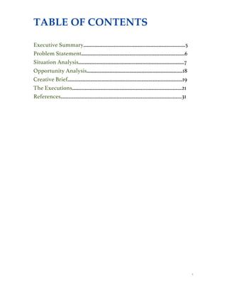4
TABLE OF CONTENTS
Executive Summary................................................................................5
Problem Statement.................................................................................6
Situation Analysis...................................................................................7
Opportunity Analysis...........................................................................18
Creative Brief..........................................................................................19
The Executions......................................................................................21
References...............................................................................................31
 