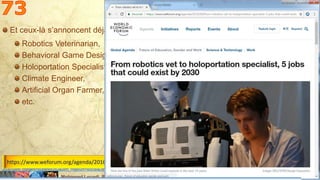 Mohamed Louadi, PhD – ISG-Tunis (mlouadi@louadi.com)
16
Et ceux-là s’annoncent déjà:
Robotics Veterinarian,
Behavioral Game Designer,
Holoportation Specialist,
Climate Engineer,
Artificial Organ Farmer,
etc.
Weller, C. (2016). From robotics vet to holoportation specialist, 5 jobs that could exist by 2030, World Economic Forum, 2 septembre,
https://www.weforum.org/agenda/2016/09/from-robotics-vet-to-holoportation-specialist-5-jobs-that-could-exist-by-
2030?utm_content=buffered352&utm_medium=social&utm_source=twitter.com&utm_campaign=buffer, consulté le 12 septembre 2016.
https://www.weforum.org/agenda/2016/09/from-robotics-vet-to-holoportation-specialist-5-jobs-that-could-exist-by-2030?utm_
 
