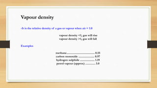 Vapour density
-It is the relative density of a gas or vapour when air = 1.0
vapour density <1, gas will rise
vapour density >1, gas will fall
Examples
methane..................................... 0.55
carbon monoxide ..................... 0.97
hydrogen sulphide ................... 1.19
petrol vapour (approx) ............. 3.0
 