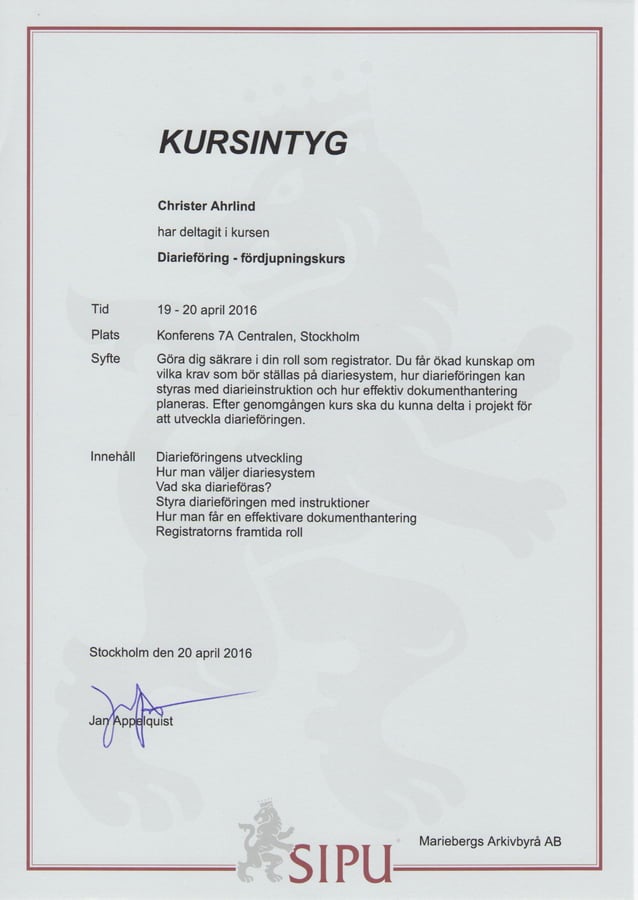 Intyg Fordjupning i Diarieforing 2016-04 | PDF