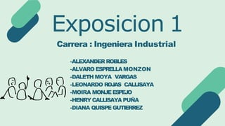 -ALEXANDERROBLES
-ALVARO ESPRELLAMONZON
-DALETH MOYA VARGAS
-LEONARDO ROJAS CALLISAYA
-MOIRA MONJEESPEJO
-HENRYCALLISAYA PUÑA
-DIANA QUISPE GUTIERREZ
Exposicion 1
Carrera : Ingeniera Industrial
 