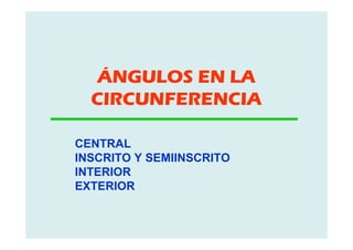 ÁNGULOS EN LA
CIRCUNFERENCIA
CENTRAL
INSCRITO Y SEMIINSCRITO
INTERIOR
EXTERIOR
 