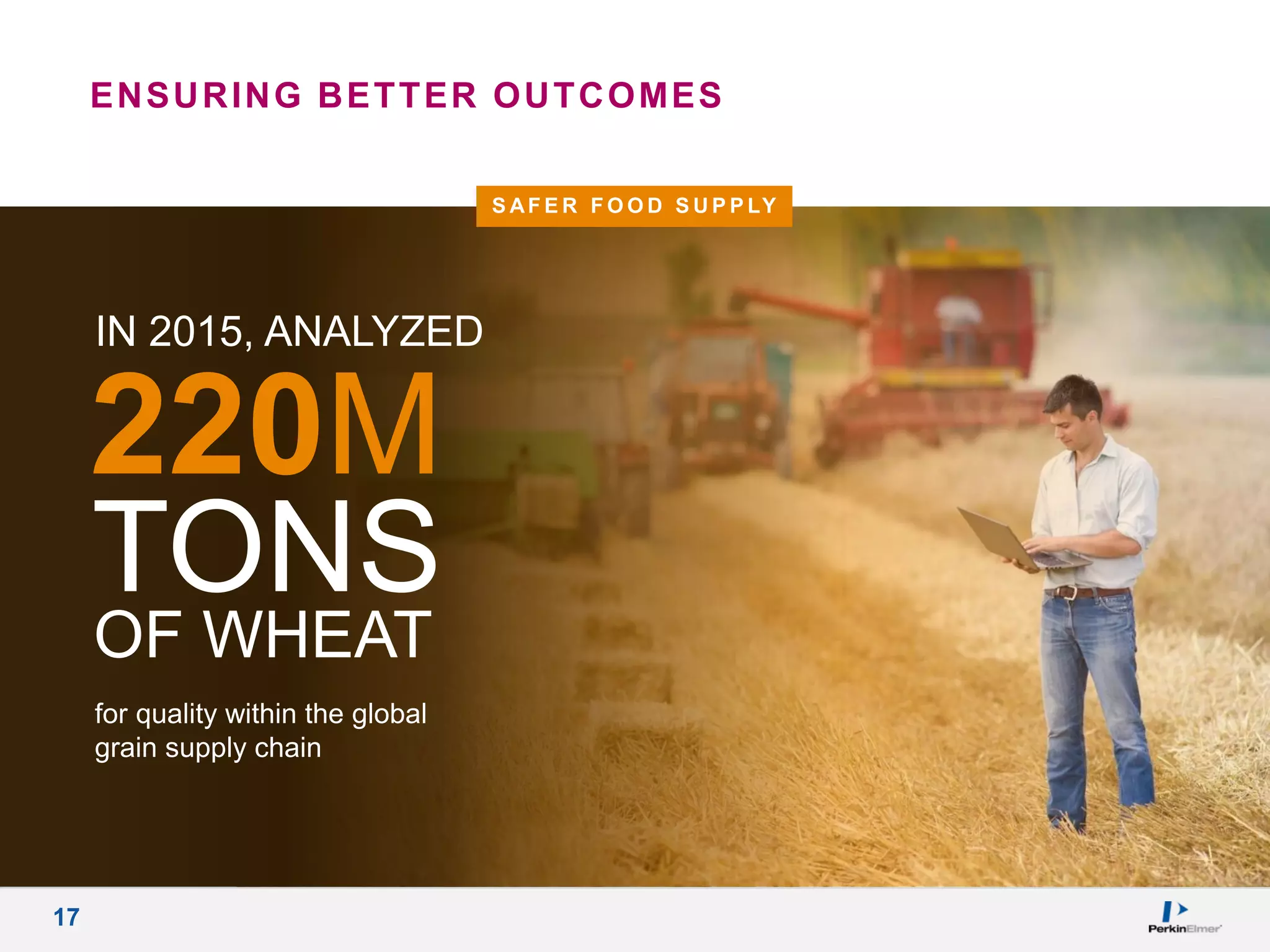 17
S AF E R F O O D S U P P LY
IN 2015, ANALYZED
220M
TONS
for quality within the global
grain supply chain
OF WHEAT
ENSURING BETTER OUTCOMES
 