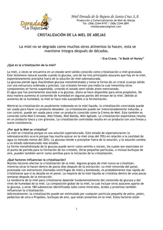 1
Miel Dorada de la Bajura de Santa Cruz S.A.
Producción y Comercialización de Miel de Abejas
Tel: (506) 2244-9197 / (506) 2244-2891
mieldoradacz@gmail.com
CRISTALIZACIÓN DE LA MIEL DE ABEJAS
La miel no se degrada como muchos otros alimentos lo hacen, esta se
mantiene íntegra después de décadas.
- Eva Crane, “A Book of Honey”
¿Qué es la cristalización de la miel?
La miel, a veces se encuentra en un estado semi-sólido conocido como cristalización o miel granulada.
Este fenómeno natural sucede cuando la glucosa, uno de los tres principales azucares que hay en la miel,
espontáneamente precipita fuera de la solución de miel sobresaturada.
La glucosa pierde agua (haciéndose glucosa monohidratada) y toma la forma de un cristal (cuerpo sólido
con una estructura ordenada y precisa). Los cristales forman una malla la cual inmoviliza otros
componentes en forma suspendida, creando el estado semi-sólido antes mencionado.
El agua que fue previamente asociada a la glucosa, ahora se hace disponible para otros propósitos. De
esta manera aumenta el contenido de humedad en algunas partes del envase de la miel. Debido al
aumento de la humedad, la miel se hace más susceptible a la fermentación.
Mientras la cristalización es usualmente indeseada en la miel liquida, la cristalización controlada puede
ser usada para hacer un producto deseable. La cristalización puede ser intencionadamente inducida, y
con control, puede ser usada para crear un producto conocido como la Crema de Miel. Esta también es
conocida como Miel Cremada, Miel hilada, Miel Batida, Miel Agitada. La cristalización espontánea resulta
en un producto tosco y con gránulos. La cristalización controlada resulta en un producto con una fineza y
suave consistencia.
¿Por qué la Miel se cristaliza?
La miel se cristaliza porque es una solución supersaturada. Este estado de súpersaturacion (o
sobresaturación) ocurre porque hay mucha azúcar en la miel (mas del 70%) en relación a la cantidad de
agua (a menudo menos del 20%). La glucosa tiende a precipitar fuera de la solución, y la solución cambia
a un estado sobresaturado más estable.
La forma monohidratada de la glucosa puede servir como semilla o núcleo, los cuales son esenciales en
el punto de partida para la formación de los cristales. Otras pequeñas partículas, o incluso burbujas de
aire, pueden también servir como semillas para la iniciación de la cristalización.
¿Qué factores influencian la cristalización?
Muchos factores afectan la cristalización de la miel. Algunos grupos de miel nunca se cristalizan,
mientras otras lo hacen dentro de pocos días después de la extracción. La miel removida del panal,
procesada con extractores (llamadas centrifugas de miel) y bombeada, es probablemente mas rápida de
cristalizarse que si es dejada en el panal. La mayoría de la miel liquida se cristaliza dentro de unas pocas
semanas después de la extracción.
La tendencia de la miel para cristalizarse depende fundamentalmente del contenido de glucosa y del
nivel de humedad de la miel. La composición global de la miel, la cual incluye otros azúcares aparte de
la glucosa, y otras 180 substancias identificadas tales como minerales, ácidos y proteínas también
influencian la cristalización.
Adicionalmente, la cristalización puede ser estimulada por cualquier partícula pequeña de polvo, polen,
pedacitos de cera o Propóleo, burbujas de aire, que están presentes en la miel. Estos factores están
 