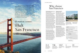 Rotation center:
Hult
San Francisco
San Francisco is home to the biggest
breakthrough companies of the 21st century,
and has become a hub for the world’s most
forward-thinking entrepreneurs.Technology
born here by the likes of Apple,Google,and
Facebook has not only brought about huge
shifts in the global marketplace,it has changed
the face of corporate culture.San Francisco
has become a byword for both creativity and
entrepreneurialism.See for yourself by taking
specialization electives here.
Why choose
San Francisco
A city that caters equally to tech
giants and startups
San Francisco is the ideal location for
the digitally driven age we currently
live in. The city has long been
powered by the startup economy,
earning itself a global reputation for
creativity and technological wizardry.
Indeed, having seen a generation of
determined entrepreneurs build huge
business empires out of garages and
college dorm rooms, San Francisco
has become the world’s premier
destination for those wanting to push
the boundaries of the possible. Silicon
Valley, just south of the city, is the
world’s leading tech hub, and is home
to anyone who is anyone in the digital
world including Facebook, Twitter,
eBay, Uber, and Airbnb. Yet 85%
of companies in the Bay Area have
fewer than 10 employees. This blend
of small and mighty makes for a truly
unique business community, in which
forward thinking and creativity are the
most highly prized credentials.
Networking is a way of life
San Francisco intentionally blurs the
boundaries between work and play,
and its renowned “meet-up” culture
seamlessly combines networking with
socializing. Our rotation center is
well-placed to take advantage of this
engrained mentality, and our own
networking events provide another
valuable springboard into the wider
business community. Hult students
here tend to have an entrepreneurial
mindset and don’t waste any time
capitalizing on the contacts they have
made—even before graduation.
Situated on one of the
original Seven Hills
Hult’s rotation center is adjacent to
Telegraph Hill and only moments
away from the Financial District,
Fisherman’s Wharf, and Union
Square’s bustling department stores,
placing you right in the middle of
everything the city has to offer.
Renowned architects TSAO Design
designed our facilities, which are wired
with state-of-the-art technology
befitting a city that dominates the
global tech industry. Spread over four
floors and occupying 6,000 square
meters, this recently renovated space
features six amphitheater-style
classrooms, video conferencing
stations, breakout rooms, and student
lounges, all with high-speed Internet
to ensure you are always connected.
Become part of the
business community
Hult San Francisco frequently hosts
some of the city’s leading companies
and big hitters from the startup scene.
Speaker events have previously
included talks by Biz Stone, Co-founder
of Twitter; Robin Chase, founder of
Zipcar; and Ido Leffler, Co-founder of
the natural beauty brand Yes To Carrots.
Global competitions such as the Google
Online Marketing Challenge have
become a central feature of campus
life, allowing you to take full advantage
of all the innovative companies
headquartered nearby.
31.5Angle in degrees
of Filbert Street—
the steepest hill in
San Francisco.
73KAverage household
income in dollars,
making it the highest of
any city in the U.S.
1967Year the Summer of
Love began in Golden
Gate Park.
1Position in Bloomberg
Business’s list of best
American cities.
22Fortune 500 companies
based in Silicon Valley.
Hult San Francisco
1355 Sansome Street
San Francisco, CA 94111
U.S.A.
Monthly sessions
Friday to Monday
Hult San Francisco
rotation center location
Angel Island
State Park
Alcatraz
Island
Treasure Island
Alameda Island
San Francisco
International Airport
Silicon
Valley
>>>
>>>
Golden Gate Park
Berkeley
Fisherman’s
Wharf
Russian
Hill
Telegraph Hill
Chinatown
Financial District
South Beach
South of Market
(SOMA)Fillmore
Civic
Center
Bay Bridge
Pixar
Hult Residence
Bay Area
2 km
67 HULT.EDU/EMBA
HULT CAMPUS LOCATIONSHULT CAMPUS LOCATIONS
GLOBAL EXECUTIVE MBA66
 