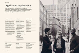 Europe	
London +44 207 341 8555
Lucerne + 41 41 417 4575
info.europe@hult.edu
Middle East	
Dubai +971 4 427 5800
info.mea@hult.edu
South Asia
Mumbai +91 22 4266 4491
info.india@hult.edu
Asia	
Hong Kong +852 2111 2399
Shanghai +86 21 6133 6588
info.asia@hult.edu
North America
Boston + 1 617 746 1990
San Francisco +1 415 869 2900
info.northam@hult.edu
Latin America
Miami +1 305 648 9746
Brazil +55 11 2122 9066
info.latam@hult.edu
Have any questions?
Hult students possess an entrepreneurial
spirit and an open mind, and are not
afraid to challenge the status quo. Our
Global Executive MBA program asks
you to dare to be different, to seek
creative solutions outside the ordinary,
and to collaborate with a diverse group
of people to achieve tangible results.
You have to be ready to adapt and
become resilient. It is not your
academic or professional background
that will determine your success at
Hult—it is your drive. When you join us,
be prepared to work hard and get the
job done.
General admissions requirements
—— Three or more years of relevant
work experience
—— Bachelor degree or equivalent
—— Proficiency in English
Start your online application at:
hult.edu/apply. To complete your
application, you will be asked to
provide the following:
Basic application requirements
—— Current résumé
—— Written or video responses to
two admissions questions
—— Two letters of recommendation
—— Application fee of USD150
Additional application
requirements
—— A copy of your Bachelor degree
or equivalent
—— Transcripts (in English) from
all universities attended
—— GMAT, GRE, or the Hult Business
Assessment Test
—— Evidence of English proficiency,
if it is not your native language
(see next page)
Preferred profile
—— You are globally-minded
—— You have lived and worked
in more than one country
—— You speak more than one
language
Application requirements
Hult takes a holistic approach to reviewing your
application. In addition to your academic and professional
background, we look for leadership potential, a natural
curiosity, and a passionate drive to succeed.
Who we’re looking for How to apply Application deadlines
2016 Program Year
Deadline 1:
Sunday, Oct 25, 2015
Deadline 2:
Sunday, Dec 13, 2015
Deadline 3:
Sunday, Jan 31, 2016
Deadline 4:
Sunday, Mar 13, 2016
Deadline 5:
Sunday, May 8, 2016
Deadline 6:
Sunday, Jun 26, 2016
Final Deadline:
Sunday, Aug 14, 2016
HOW TO APPLY
84 GLOBAL EXECUTIVE MBA 85 HULT.EDU/APPLY
 