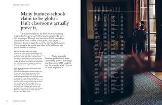 Enjoy a
weekly
calendar of
events and
outings.
Country of origin of Hult’s student body in 2015
United States
India
China
United Kingdom
Germany
UAE
Mexico
Brazil
Italy
Colombia
France
Russia
Peru
Canada
Belgium
Switzerland
Philippines
Spain
Venezuela
South Korea
Ecuador
Nigeria
Thailand
Portugal
Indonesia
Lebanon
Norway
Pakistan
Dominican Republic
Japan
Saudi Arabia
South Africa
The Netherlands
Egypt
Sweden
Austria
Iran
Malaysia
Ghana
Uzbekistan
Turkey
Vietnam
Panama
Bulgaria
Greece
Morocco
Denmark
Georgia
Ukraine
Chile
Guatemala
Hong Kong SAR
Kazakhstan
Luxembourg
Singapore
Costa Rica
Bangladesh
El Salvador
Puerto Rico
Jordan
11.87%
10.16%
6.27%
5.56%
5.56%
4.13%
3.85%
3.25%
3.25%
3.02%
2.10%
2.10%
2.02%
1.79%
1.59%
1.55%
1.55%
1.51%
1.51%
1.35%
1.15%
1.15%
1.07%
1.03%
1.03%
1.03%
0.99%
0.79%
0.75%
0.67%
0.63%
0.60%
0.60%
0.60%
0.56%
0.52%
0.52%
0.52%
0.44%
0.40%
0.40%
0.40%
0.36%
0.36%
0.32%
0.32%
0.28%
0.28%
0.28%
0.28%
0.24%
0.24%
0.24%
0.20%
0.20%
0.20%
0.20%
0.20%
0.20%
0.20%
Israel
Argentina
Oman
Hungary
Palestine
Cambodia
Honduras
Albania
Trinidad & Tobago
Kenya
Ethiopia
Czech Republic
Zambia
Angola
Uganda
Serbia
Slovakia
Iceland
Tunisia
Cameroon
Poland
Lithuania
Barbados
Qatar
Australia
Romania
Bahamas
Bahrain
Finland
Madagascar
Sri Lanka
Kyrgyzstan
Slovenia
Sierra Leone
Eritrea
British Virgin Islands
Uruguay
Paraguay
Turkmenistan
Botswana
Macedonia
Bolivia
Myanmar
New Caledonia
Liberia
Kuwait
Rwanda
Brunei Darussalam
Armenia
New Zealand
Mozambique
Tanzania
Gibraltar
Bosnia & Herzegovina
Mongolia
Côte d’Ivoire
Dem. Rep. of the Congo
Croatia
Latvia
0.16%
0.16%
0.16%
0.16%
0.16%
0.16%
0.16%
0.16%
0.12%
0.12%
0.12%
0.12%
0.12%
0.12%
0.12%
0.12%
0.12%
0.08%
0.08%
0.08%
0.08%
0.08%
0.08%
0.08%
0.08%
0.08%
0.08%
0.08%
0.08%
0.08%
0.08%
0.08%
0.08%
0.08%
0.04%
0.04%
0.04%
0.04%
0.04%
0.04%
0.04%
0.04%
0.04%
0.04%
0.04%
0.04%
0.04%
0.04%
0.04%
0.04%
0.04%
0.04%
0.04%
0.04%
0.04%
0.04%
0.04%
0.04%
0.04%
	 Study alongside
business professionals from
around the globe. On average,
our Executive MBA students
are 36 years old with 11 years
of work experience.
Many business schools
claim to be global.
Hult classrooms actually
prove it.
We look for what makes you unique.
Many of the world’s most successful leaders did
not graduate from college at the top of their class.
Yet no one doubts that there’s something truly
special about them.That’s why Hult is interested
in more than just your academic record and job
résumé.We want to get to know you: what makes
you tick, where your true passions lie, and how
you think you’ve succeeded—or failed.
Study alongside business professionals from
every industry.
Your fellow classmates will quickly become one
of your most prized learning resources.They
come from the broadest possible range of
professional backgrounds—having already worked
an average of 11 years doing everything
imaginable.Together, you will not only share your
experiences, but teach each other how everyone
sees the world from different angles. Most
important of all, you will learn how to use this
diversity to your advantage.You will not only
graduate with a network of friends and colleagues
from every major city in the world, you will
become a true global citizen.
Global student body: In 2015, Hult’s incoming
student body represented 120 countries and spoke over
100 languages. Though our Executive MBA candidates
come from every corner of the globe, they share a
common desire to take the next big step in their careers.
They question the status quo, dare to be different, and
think outside of the box.
GLOBAL EXECUTIVE MBA12
THE GLOBAL BUSINESS SCHOOL
13 HULT.EDU/EMBA
 