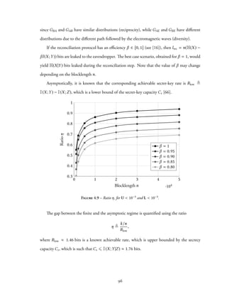 since GBA and GAB have similar distributions (reciprocity), while GAE and GBE have different
distributions due to the different path followed by the electromagnetic waves (diversity).
If the reconciliation protocol has an efficiency β ∈ [0, 1] (see [16]), then lrec = n(H(X) −
βI(X;Y)) bits are leaked to the eavesdropper. The best case scenario, obtained for β = 1, would
yield H(X|Y) bits leaked during the reconciliation step. Note that the value of β may change
depending on the blocklength n.
Asymptotically, it is known that the corresponding achievable secret-key rate is Rlow ≜
I(X;Y) − I(X;Z), which is a lower bound of the secret-key capacity Cs [66].
0 1 2 3 4 5
·104
0.3
0.4
0.5
0.6
0.7
0.8
0.9
1
Blocklength n
Ratioη
β = 1
β = 0.95
β = 0.90
β = 0.85
β = 0.80
Figure 4.9 – Ratio η, for U < 10−3 and L < 10−3.
The gap between the finite and the asymptotic regime is quantified using the ratio
η ≜
k/n
Rlow
,
where Rlow ≈ 1.46 bits is a known achievable rate, which is upper bounded by the secrecy
capacity Cs, which is such that Cs ⩽ I(X;Y|Z) ≈ 1.76 bits.
96
 