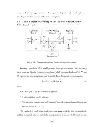 secrecy and assesses the performances of the proposed coding scheme. Section 5.4 concludes
this chapter and discusses some of the model assumptions.
5.1 Coded Cooperative Jamming for the Two-Way Wiretap Channel
5.1.1 General Model
CODEC
Xn
1
Xn
2
M1
ˆM2
ˆM1
Nn
1
Nn
2
Nn
e
M0
1 M0
2
Two-Way Wiretap
Channel
Legitimate
User 1
Legitimate
User 2
Eavesdropper
h1 h2
Y n
M2
CODEC
Figure 5.1 – Communications over the Gaussian two-way wiretap channel.
Consider a special case of the model presented in the previous section called the binary-
input memoryless Gaussian two-way wiretap channel, which is presented in Figure 5.1. N1 and
N2 represent the noise at legitimate users’ terminals. From the eavesdropper’s standpoint,
Z =
√
h1X1 +
√
h2X2 + Ne, (5.1)
where
• X1,X2 ∈ {−1, 1} are BPSK modulated symbols;
• + is the usual real number addition;
• Ne is a centered Gaussian noise with variance σ2 and independent of channel inputs; and
gains are unitary h1 = h2 = 1.
The hypothesis of equal-gained interferences may appear restrictive since this situation is
unlikely to naturally arise in a real wireless setting as shown in Section 5.4. However, one can
100
 