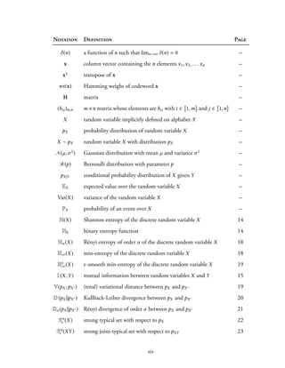 Notation Definition Page
δ(n) a function of n such that limn→∞ δ(n) = 0 –
x column vector containing the n elements x1,x2, . . . xn –
x⊺ transpose of x –
wt(x) Hamming weight of codeword x –
H matrix –
(hij)m,n m ×n matrix whose elements are hij with i ∈ 1,m and j ∈ 1,n –
X random variable implicitly defined on alphabet X –
pX probability distribution of random variable X –
X ∼ pX random variable X with distribution pX –
N(µ,σ2) Gaussian distribution with mean µ and variance σ2 –
B(p) Bernoulli distribution with parameter p –
pX|Y conditional probability distribution of X given Y –
EX expected value over the random variable X –
Var(X) variance of the random variable X –
PX probability of an event over X –
H(X) Shannon entropy of the discrete random variable X 14
Hb binary entropy function 14
Hα (X) Rényi entropy of order α of the discrete random variable X 18
H∞(X) min-entropy of the discrete random variable X 18
Hϵ
∞(X) ϵ-smooth min-entropy of the discrete random variable X 19
I(X;Y) mutual information between random variables X and Y 15
V(pX ,pX ′) (total) variational distance between pX and pX ′ 19
D(pX ∥pX ′) Kullback-Leiber divergence between pX and pX ′ 20
Dα (pX ||pX ′) Rényi divergence of order α between pX and pX ′ 21
Tn
ϵ (X) strong typical set with respect to pX 22
Tn
ϵ (XY) strong joint-typical set with respect to pXY 23
xiv
 