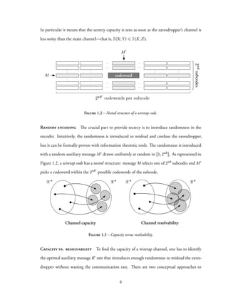 In particular it means that the secrecy capacity is zero as soon as the eavesdropper’s channel is
less noisy than the main channel—that is, I(X;Y) ⩽ I(X;Z).
2nR0
codewords per subcode
M
M0
codeword
······
······
···
······
···
· · ·
· · ·
· · ·
· · · · · ·
· · ·
· · ·
· · ·
2nRsubcodes
Figure 1.2 – Nested structure of a wiretap code.
Random encoding The crucial part to provide secrecy is to introduce randomness in the
encoder. Intuitively, the randomness is introduced to mislead and confuse the eavesdropper,
but it can be formally proven with information theoretic tools. The randomness is introduced
with a random auxiliary message M′ drawn uniformly at random in 1, 2nR . As represented in
Figure 1.2, a wiretap code has a nested structure: message M selects one of 2nR subcodes and M′
picks a codeword within the 2nR′
possible codewords of the subcode.
Channel capacity Channel resolvability
Xn
Xn
Zn
Zn
Figure 1.3 – Capacity versus resolvability.
Capacity vs. resolvability To find the capacity of a wiretap channel, one has to identify
the optimal auxiliary message R′ rate that introduces enough randomness to mislead the eaves-
dropper without wasting the communication rate. There are two conceptual approaches to
6
 