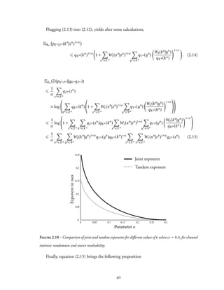 Plugging (2.13) into (2.12), yields after some calculations,
EΦn pKn|Zn (kn
|zn
)1+α
⩽ qKn (kn
)1+α
(
1 +
∑
xn ∈Xn
W1(xn
|zn
)1+α
∑
yn ∈Yn
qYn (yn
)
(
W2(kn|yn)
qKn (kn)
)1+α )
. (2.14)
EΦn (D(pKnZn ||qKnqZn ))
⩽
1
α
∑
zn ∈Zn
qZn (zn
)
× log
∑
kn ∈Kn
qKn (kn
) 1 +
∑
xn ∈Xn
W1(xn
|zn
)1+α
∑
yn ∈Yn
qYn (yn
)
(
W2(kn|yn)
qKn (kn)
)1+α
⩽
1
α
log 1 +
∑
zn ∈Zn
∑
kn ∈Kn
qZn (zn
)qKn (kn
)
∑
xn ∈Xn
W1(xn
|zn
)1+α
∑
yn ∈Yn
qYn (yn
)
(
W2(kn|yn)
qKn (kn)
)1+α
⩽
1
α
∑
kn ∈Kn
∑
yn ∈Yn
W2(kn
|yn
)1+α
qYn (yn
)qKn (kn
)−α
∑
zn ∈Zn
∑
xn ∈Xn
W1(xn
|zn
)1+α
qZn (zn
) (2.15)
Exponentinnats
Tandem exponent……
Joint exponent
Parameter
Figure 2.10 – Comparison of joint and tandem exponents for different values ofκ when ω = 0.3, for channel
intrinsic randomness and source resolvability.
Finally, equation (2.15) brings the following proposition
40
 