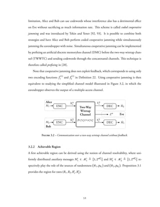 limitation, Alice and Bob can use codewords whose interference also has a detrimental effect
on Eve without sacrificing as much information rate. This scheme is called coded cooperative
jamming and was introduced by Tekin and Yener [92, 93]. It is possible to combine both
strategies and have Alice and Bob perform coded cooperative jamming while simultaneously
jamming the eavesdropper with noise. Simultaneous cooperative jamming can be implemented
by prefixing an artificial discrete memoryless channel (DMC) before the two-way wiretap chan-
nel (TWWTC) and sending codewords through the concatenated channels. This technique is
therefore called prefixing in [28].
Note that cooperative jamming does not exploit feedback, which corresponds to using only
two encoding functions f
(1)
1 and f
(1)
2 in Definition 22. Using cooperative jamming is then
equivalent to studying the simplified channel model illustrated in Figure 3.2, in which the
eavesdropper observes the output of a multiple-access channel.
Alice
Eve
M1
ˆM1
ˆM2
M2
Xn
1
Xn
2
Zn
ENC Two-Way
Wiretap
Channel
Y n
1
Y n
2
pY n
1 Y n
2 Z n|X n
1 X n
2
ENC
DEC
DEC
Bob
Figure 3.2 – Communication over a two-way wiretap channel without feedback.
3.2.2 Achievable Region
A first achievable region can be derived using the notion of channel resolvability, where uni-
formly distributed auxiliary messages M′
1 ∈ M′
1 ≜ 1, 2nR′
1 and M′
2 ∈ M′
2 ≜ 1, 2nR′
2 re-
spectively play the role of the sources of randomness R1,pR1 and R2,pR2 . Proposition 3.1
provides the region for rates (R1,R2,R′
1,R′
2).
52
 