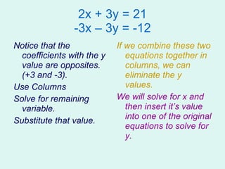 2x + 3y = 21 -3x – 3y = -12 Notice that the coefficients with the y value are opposites. (+3 and -3). Use Columns Solve for remaining variable. Substitute that value. If we combine these two equations together in columns, we can eliminate the y values. We will solve for x and then insert it’s value into one of the original equations to solve for y. 