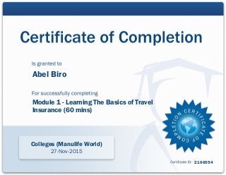 Abel Biro
Module 1 - Learning The Basics of Travel
Insurance (60 mins)
Colleges (Manulife World)
27-Nov-2015
2166594
 