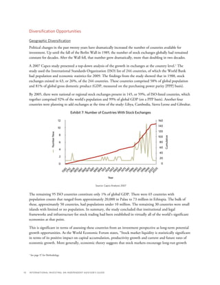 10	 International Investing: An Independent Advisor’s Guide
Diversification Opportunities
Geographic Diversification
Political changes in the past twenty years have dramatically increased the number of countries available for
investment. Up until the fall of the Berlin Wall in 1989, the number of stock exchanges globally had remained
constant for decades. After the Wall fell, that number grew dramatically, more than doubling in two decades.
A 2007 Capco study presented a top-down analysis of the growth in exchanges at the country level.1
The
study used the International Standards Organization (ISO) list of 244 countries, of which the World Bank
had population and economic statistics for 2009. The findings from the study showed that in 1988, stock
exchanges existed in 63, or 26%, of the 244 countries. These countries comprised 58% of global population
and 81% of global gross domestic product (GDP, measured on the purchasing power parity [PPP] basis).
By 2005, there were national or regional stock exchanges present in 145, or 59%, of ISO-listed countries, which
together comprised 92% of the world’s population and 99% of global GDP (on a PPP basis). Another four
countries were planning to add exchanges at the time of the study: Libya, Cambodia, Sierra Leone and Gibraltar.
Exhibit 7: Number of Countries With Stock Exchanges
Source: Capco Analysis 2007
NumberNew
160
140
120
100
80
60
40
20
0
158517921808185018611869187518811890189419121929195319601969197519811986199019931996199920022005
Cumulative
Year
12
10
8
6
4
2
0
The remaining 95 ISO countries constitute only 1% of global GDP. There were 65 countries with
population counts that ranged from approximately 20,000 in Palau to 73 million in Ethiopia. The bulk of
these, approximately 50 countries, had populations under 10 million. The remaining 30 countries were small
islands with limited or no population. In summary, the study concluded that institutional and legal
frameworks and infrastructure for stock trading had been established in virtually all of the world’s significant
economies at that point.
This is significant in terms of assessing these countries from an investment perspective as long-term potential
growth opportunities. As the World Economic Forum states, “Stock market liquidity is statistically significant
in terms of its positive impact on capital accumulation, productivity growth and current and future rates of
economic growth. More generally, economic theory suggests that stock markets encourage long-run growth
1
See page 37 for Methodology.
 