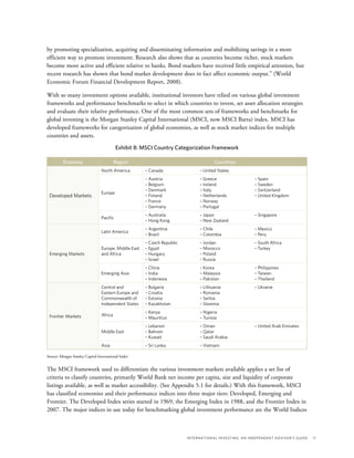 International Investing: An Independent Advisor’s Guide	 11
by promoting specialization, acquiring and disseminating information and mobilizing savings in a more
efficient way to promote investment. Research also shows that as countries become richer, stock markets
become more active and efficient relative to banks. Bond markets have received little empirical attention, but
recent research has shown that bond market development does in fact affect economic output.” (World
Economic Forum Financial Development Report, 2008).
With so many investment options available, institutional investors have relied on various global investment
frameworks and performance benchmarks to select in which countries to invest, set asset allocation strategies
and evaluate their relative performance. One of the most common sets of frameworks and benchmarks for
global investing is the Morgan Stanley Capital International (MSCI, now MSCI Barra) index. MSCI has
developed frameworks for categorization of global economies, as well as stock market indices for multiple
countries and assets.
Exhibit 8: MSCI Country Categorization Framework
Economy Region Countries
Developed Markets
North America – Canada – United States
Europe
– Austria
– Belgium
– Denmark
– Finland
– France
– Germany
– Greece
– Ireland
– Italy
– Netherlands
– Norway
– Portugal
– Spain
– Sweden
– Switzerland
– United Kingdom
Pacific
– Australia
– Hong Kong
– Japan
– New Zealand
– Singapore
Emerging Markets
Latin America
– Argentina
– Brazil
– Chile
– Colombia
– Mexico
– Peru
Europe, Middle East
and Africa
– Czech Republic
– Egypt
– Hungary
– Israel
– Jordan
– Morocco
– Poland
– Russia
– South Africa
– Turkey
Emerging Asia
– China
– India
– Indonesia
– Korea
– Malaysia
– Pakistan
– Philippines
– Taiwan
– Thailand
Frontier Markets
Central and
Eastern Europe and
Commonwealth of
Independent States
– Bulgaria
– Croatia
– Estonia
– Kazakhstan
– Lithuania
– Romania
– Serbia
– Slovenia
– Ukraine
Africa
– Kenya
– Mauritius
– Nigeria
– Tunisia
Middle East
– Lebanon
– Bahrain
– Kuwait
– Oman
– Qatar
– Saudi Arabia
– United Arab Emirates
Asia – Sri Lanka – Vietnam
Source: Morgan Stanley Capital International Index
The MSCI framework used to differentiate the various investment markets available applies a set list of
criteria to classify countries, primarily World Bank net income per capita, size and liquidity of corporate
listings available, as well as market accessibility. (See Appendix 5.1 for details.) With this framework, MSCI
has classified economies and their performance indices into three major tiers: Developed, Emerging and
Frontier. The Developed Index series started in 1969, the Emerging Index in 1988, and the Frontier Index in
2007. The major indices in use today for benchmarking global investment performance are the World Indices
 