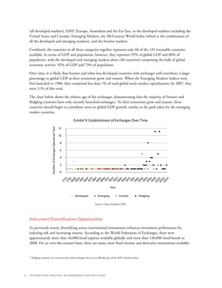 12	 International Investing: An Independent Advisor’s Guide
(all developed markets), EAFE (Europe, Australasia and the Far East, or the developed markets excluding the
United States and Canada), Emerging Markets, the All-Country World Index (which is the combination of
all the developed and emerging markets), and the frontier markets.
Combined, the countries in all three categories together represent only 68 of the 145 investable countries
available. In terms of GDP and population, however, they represent 95% of global GDP and 80% of
population, with the developed and emerging markets alone (48 countries) comprising the bulk of global
economic activity: 92% of GDP and 73% of population.
Over time, it is likely that frontier and other less-developed countries with exchanges will contribute a larger
percentage to global GDP as their economies grow and mature. When the Emerging Markets Indices were
first launched in 1988, they comprised less than 1% of total global stock market capitalization; by 2007, they
were 11% of this total.
The chart below shows the relative age of the exchanges, demonstrating that the majority of frontier and
fledgling countries have only recently launched exchanges.2
As their economies grow and mature, these
countries should begin to contribute more to global GDP growth, similar to the path taken by the emerging
market countries.
Exhibit 9: Establishment of Exchanges Over Time
Source: Capco Analysis 2007
NumberofExchangesOpenedperYear
12
10
8
6
4
2
0
2007
Year
Developed Emerging Frontier Fledgling
1770179218081850
186118691875188118901894
19121929195319601969197519811986199019931996199920022005
Instrument Diversification Opportunities
As previously noted, diversifying across international instruments enhances investment performance by
reducing risk and increasing returns. According to the World Federation of Exchanges, there were
approximately more than 46,000 listed equities available globally and more than 140,000 listed bonds in
2008. On an over-the-counter basis, there are many more fixed income and derivative instruments available.
2
‘Fledgling countries’ are countries with stock exchanges that are not officially part of the MSCI Frontier Index.
 