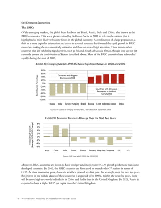 18	 International Investing: An Independent Advisor’s Guide
Key Emerging Economies
The BRICs
Of the emerging markets, the global focus has been on Brazil, Russia, India and China, also known as the
BRIC economies. This was a phrase coined by Goldman Sachs in 2002 to refer to the nations that it
highlighted as most likely to become forces in the global economy. A combination of a large population, a
shift to a more capitalist orientation and access to natural resources has fostered the rapid growth in BRIC
countries, making them economically attractive and thus an area of high attention. There remain other
countries that are exhibiting rapid growth, such as Poland, South Africa and Oman, though they do not yet
currently possess the combination of factors described above. Most of the BRIC countries have rebounded
rapidly during the start of 2009.
80%
60%
40%
20%
0%
-20%
-40%
-60%
-80%
-100%
ContributionPercentage
Exhibit 17: Emerging Markets With the Most Signiﬁcant Moves in 2008 and 2009
Russia India Turkey Hungary Brazil Russia Chile Indonesia Brazil India
Countries with Biggest
Declines in 2008
Countries with Strongest
Recoveries in the First
Half of 2009
Source: An Update on Emerging Markets, MSCI Barra Research, September 2009
Exhibit 18: Economic Forecasts Diverge Over the Next Two Years
Source: IMF Forecasts (2008) for 2009-1010
8%
6%
4%
2%
0%
-2%
-4%
-6%
ForecastGDPGrowth
(Average2009-1010Change)
Brazil China India Russia France Germany Hong Kong Singapore U.K. U.S.
Moreover, BRIC countries are shown to have stronger and more positive GDP growth predictions than some
developed countries. By 2040, the BRIC countries are forecasted to overtake the G7 nations in terms of
GDP. As these economies grow, domestic wealth is created at a fast pace. For example, over the next ten years
the growth in the middle classes of these countries is expected to be 400%. Within the next five years, there
will be more high-net-worth individuals in China and India than in the United Kingdom. By 2025, Russia is
expected to have a higher GDP per capita than the United Kingdom.
 