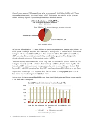 24	 International Investing: An Independent Advisor’s Guide
Currently, there are over 150 funds with total AUM of approximately $200 billion (Exhibit 26). ETFs are
available for specific country and regional indices in both the developed and emerging sectors, giving an
investor the ability to pursue a global strategy in a number of different markets.
Developed $89.5 billion, 45%
Exhibit 26: Distribution of AUM by ETF Type
AUM and Percentage of ETF Funds by Fund Type
(Total = $200 Billion)
Source: Morningstar Research
Developed/Emerging Blend $19.5 billion, 10%Global $3.8 billion, 2%
Emerging $86.6 billion, 43%
In 2008, the slower growth of ETF assets reflected the overall market movement, but there is still evidence for
future growth according to the overall trend in Exhibit 27. Although the ETF net asset share of international
ETFs grew only at a rate of 22% in 2008, these shares have increased from 3% to 30% between 2000 and
2007, supporting the view that investors are looking more favorably upon diversifying their portfolios
through indirect investments in the international markets via ETFs.
Whereas many other investment vehicles, such as hedge funds and mutual funds, faced net outflows in 2008,
ETFs grew at a steady rate with a net inflow of approximately $177 billion. Investor interest in global and
international ETFs continues to remain strong and, according to the Investment Company Institute (ICI),
between 2004 and 2008, international and global ETFs issued approximately $142 billion net in new shares.
Expense ratios for developed ETFs range from 23 to 108 basis points; for emerging ETFs, from 16 to 98
basis points. The overall average is around 57 basis points.
Expense ratios for the top ten developed ETFs range from 11 to 52 basis points, and for the top ten emerging
ETFs, from 20 to 72 basis points.
Exhibit 27: Growth in International Investing Through ETFs
Source: Investment Company Institute
% Other ETF % Global/International ETF
Years
100%
80%
60%
40%
20%
0%
1996 200820072006200520042003200220012000199919981997
 