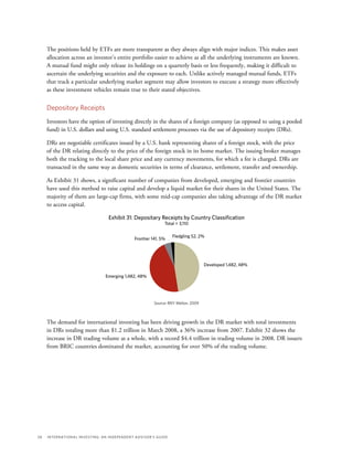 28	 International Investing: An Independent Advisor’s Guide
The positions held by ETFs are more transparent as they always align with major indices. This makes asset
allocation across an investor’s entire portfolio easier to achieve as all the underlying instruments are known.
A mutual fund might only release its holdings on a quarterly basis or less frequently, making it difficult to
ascertain the underlying securities and the exposure to each. Unlike actively managed mutual funds, ETFs
that track a particular underlying market segment may allow investors to execute a strategy more effectively
as these investment vehicles remain true to their stated objectives.
Depository Receipts
Investors have the option of investing directly in the shares of a foreign company (as opposed to using a pooled
fund) in U.S. dollars and using U.S. standard settlement processes via the use of depository receipts (DRs).
DRs are negotiable certificates issued by a U.S. bank representing shares of a foreign stock, with the price
of the DR relating directly to the price of the foreign stock in its home market. The issuing broker manages
both the tracking to the local share price and any currency movements, for which a fee is charged. DRs are
transacted in the same way as domestic securities in terms of clearance, settlement, transfer and ownership.
As Exhibit 31 shows, a significant number of companies from developed, emerging and frontier countries
have used this method to raise capital and develop a liquid market for their shares in the United States. The
majority of them are large-cap firms, with some mid-cap companies also taking advantage of the DR market
to access capital.
Exhibit 31: Depositary Receipts by Country Classiﬁcation
Total = 3,110
Source: BNY Mellon, 2009
Emerging 1,482, 48%
Developed 1,482, 48%
Fledgling 52, 2%
Frontier 141, 5%
The demand for international investing has been driving growth in the DR market with total investments
in DRs totaling more than $1.2 trillion in March 2008, a 36% increase from 2007. Exhibit 32 shows the
increase in DR trading volume as a whole, with a record $4.4 trillion in trading volume in 2008. DR issuers
from BRIC countries dominated the market, accounting for over 50% of the trading volume.
 
