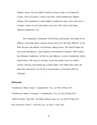10
Judiciary system. The Four Judicial branches in France consists of: Constitutional
Council, Court of Cassation, Council of the States, and the Jurisdictional Disputes
Tribunal. The Constitutional Council handles Constitutional issues of law, the Court of
Cassation, resides over civil and criminal court cases. The Council of the States,
addresses administrative law.
The Constitutional development of both France and Germany were shaped by the
influence of powerful leaders, and great turmoil, due to war. The major difference in who
holds the power and authority in the decision making process. The French President has
more power and influence, when compared to the President in Germany. Both Countries
have Bicameral Legislatures, but there is some difference in terms of membership and the
Federal nature of the system in Germany. France Has another Court in its judicial
structure at the top, and Germany has a system similar to the United States where the
States have some power, over the day to day governance of each state within the
Federation.
Bibliography:
"Constitutional History France." ConstitutionNet. N.p., n.d. Web. 08 May 2015.
"Constitutional History of Germany." ConstitutionNet. N.p., n.d. Web. 08 May 2015.
"HOPE Not Hate." Hate Files: The British National Party. N.p., n.d. Web. 07 May 2015.
How Government Works." - GOV.UK. N.p., n.d. Web. 11 May 2015.
 