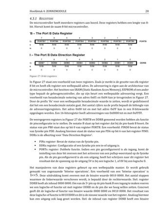 Hoofdstuk 4: ZONNEMODULE 28
4.3.1 REGISTERS
De microcontroller heeft meerdere registers aan boord. Deze registers hebben een lengte van 8-
bit. Hieruit komt de naam 8-bit microcontroller.
Figuur 27: 8-bit registers
In Figuur 27 staat een voorbeeld van twee registers. Zoals je merkt is de grootte van elk register
8 bit en heeft elk register een welbepaald adres. De adressering is eigen aan de architectuur van
de microcontroller. Het bezitten van SRAM (Static Random Acces Memory), EEPROM of een ander
type bepaalt de geheugencontroller, die op zijn beurt een welbepaalde adressering vergt. Een
voorbeeld van hexadecimale notering van adres 0x05 en 0x04 kan je terugvinden in Figuur 27.
Door de prefix ‘0x’ voor een welbepaalde hexadecimale waarde te zetten, wordt er gedefinieerd
dat het om een hexadecimale notatie gaat. Het aantal cijfers na de prefix bepaalt de bitlengte van
de adresseringsregisters. Het adres 0x00 tot en met het adres 0xFF kan in een 8-bitswaarde
opgeslagen worden. Een 16-bitsregister heeft adresseringen van 0x0000 tot en met 0xFFFF.
De weergegeven registers in Figuur 27 die PORTB en DDRB genoemd worden hebben als functie
de pinconfiguratie in te stellen. De notatie B slaat op het register dat bij de pin-bank B hoort. De
status van pin PB0 staat dus op bit 0 van register PORTB. Een voorbeeld: PIND0 bevat de status
van fysieke pin PD0. Analoog hiermee staat de status van pin PD6 op bit 6 van het register PIND.
DDRx is de afkorting voor ‘Data Direction Register’.
PINx register: Bevat de status van de fysieke pin.
DDRx register: Configuratie of een fysieke pin een in-of uitgang is.
PORTx register: Dubbele functie. Indien een pin geconfigureerd is als ingang, komt de
instelling van deze bit overeen met het activeren van een pullup-weerstand op de fysieke
pin. Als de pin geconfigureerd is als een uitgang, heeft het schrijven naar dit register het
resultaat dat de spanning op de uitgang 5V is bij een logische 1, of 0V bij een logische 0.
Het manipuleren van deze registers gebeurt op een welbepaalde manier. Er wordt gebruik
gemaakt van zogenaamde ‘bitwise operations’. Een voorbeeld van een ‘bitwise operation’ is
. Deze uitdrukking komt overeen met de binaire waarde 0010 0000. Het aantal stappen
waarmee de linkerwaarde verschoven wordt, is bepaald door de rechterwaarde. Stel: register
DDRB heeft als inhoud 0000 0000. Om van de 5e pin op de pin-bank B een ingang te maken voeren
we een logische-of functie uit met register DDRB en de pin die we hoog willen zetten. Concreet
geeft dit de logische-of functie van binaire waarde 0000 0000 en 0010 0000. Het resultaat van
deze logische-of functie is 0010 0000 en dit is de nieuwe waarde van het register. Analoog hiermee
kan een uitgang ook laag gezet worden. Stel: de inhoud van register DDRB heeft een binaire
 