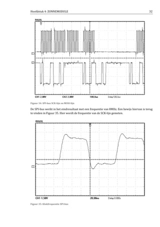 Hoofdstuk 4: ZONNEMODULE 32
Figuur 34: SPI-bus SCK-lijn en MOSI-lijn
De SPI-bus werkt in het eindresultaat met een frequentie van 8MHz. Een bewijs hiervan is terug
te vinden in Figuur 35. Hier wordt de frequentie van de SCK-lijn gemeten.
Figuur 35: Klokfrequentie SPI-bus
 