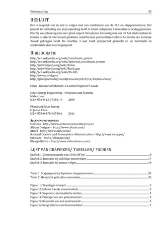 Samenvatting 42
BESLUIT
Het is mogelijk om de zon te volgen met een combinatie van de PLC en stappenmotoren. Het
project ter afsluiting van mijn opleiding heeft in totale tijdspanne 6 maanden in beslag genomen.
Hierbij was planning een zeer groot aspect. Het proces dat nodig was om tot het eindresultaat te
komen is uiterst interessant gebleken, waarbij mijn persoonlijke technische kennis een serieuze
‘boost’ gekregen heeft. De voorbije 3 jaar heeft perspectief gebracht en op technisch en
academisch vlak deuren geopend.
BIBLIOGRAFIE
http://en.wikipedia.org/wiki/Coordinate_system
http://en.wikipedia.org/wiki/Spherical_coordinate_system
http://nl.wikipedia.org/wiki/Foton
http://nl.wikipedia.org/wiki/Band_gap
http://en.wikipedia.org/wiki/RS-485
http://www.nrel.gov/
http://pranjalchaubey.wordpress.com/2010/11/25/tool-chain/
Cisco - Industrial Ethernet: A Control Engineer’s Guide
Solar Energy Engineering - Processes and Systems
Malestrom
ISBN 978-0-12-374501-9 2009
Physics of Solar Energy
C. Julian Chen
ISBN 978-0-470-64780-6 2011
ALGEMENE REFERENTIES
Siemens - http://www.siemens.com/entry/cc/en/
Altium Designer - http://www.altium.com/
Atmel - http://www.atmel.com/
National Oceanic and Atmospheric Administration - http://www.noaa.gov/
Inkscape - http://inkscape.org/
Kleurpalletten - http://www.colourlovers.com/
LIJST VAN GRAFIEKEN/ TABELLEN/ FIGUREN
Grafiek 1: Zonneconstante van 1366,1W/m2 ........................................................................................................ 8
Grafiek 2: Insolatie bij volledige zonnevolger.....................................................................................................17
Grafiek 3: Insolatie bij azimut-volger......................................................................................................................18
Tabel 1: Stapsequenties bipolaire stappenmotoren.........................................................................................24
Tabel 2: Overzicht gebruikte materialen...............................................................................................................33
Figuur 1: Topologie netwerk........................................................................................................................................ 2
Figuur 2: Inhoud van de zonnemodule .................................................................................................................... 3
Figuur 3: Sequentie automatische modus............................................................................................................... 4
Figuur 4: Principe van een potentiometer.............................................................................................................. 5
Figuur 5: Resolutie van een meetwaarde................................................................................................................ 5
Figuur 6: Geografische coördinatenstelsel ............................................................................................................. 7
 