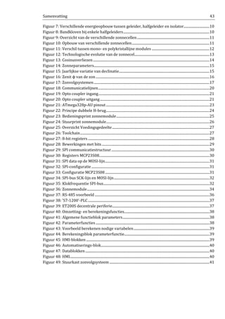 Samenvatting 43
Figuur 7: Verschillende energieopbouw tussen geleider, halfgeleider en isolator..............................10
Figuur 8: Bandkloven bij enkele halfgeleiders....................................................................................................10
Figuur 9: Overzicht van de verschillende zonnecellen....................................................................................11
Figuur 10: Opbouw van verschillende zonnecellen..........................................................................................11
Figuur 11: Verschil tussen mono- en polykristallijne modules ...................................................................12
Figuur 12: Technologische evolutie van de zonnecel.......................................................................................13
Figuur 13: Cosinusverliezen.......................................................................................................................................14
Figuur 14: Zonneparameters......................................................................................................................................15
Figuur 15: Jaarlijkse variatie van declinatie.........................................................................................................15
Figuur 16: Zenit ϕ van de zon....................................................................................................................................16
Figuur 17: Zonvolgsystemen......................................................................................................................................17
Figuur 18: Communicatielijnen.................................................................................................................................20
Figuur 19: Opto coupler ingang.................................................................................................................................21
Figuur 20: Opto coupler uitgang...............................................................................................................................21
Figuur 21: ATmega328p-AU pinout ........................................................................................................................23
Figuur 22: Principe dubbele H-brug........................................................................................................................24
Figuur 23: Bedieningsprint zonnemodule............................................................................................................25
Figuur 24: Stuurprint zonnemodule........................................................................................................................26
Figuur 25: Overzicht Voedingsgedeelte.................................................................................................................27
Figuur 26: Toolchain......................................................................................................................................................27
Figuur 27: 8-bit registers.............................................................................................................................................28
Figuur 28: Bewerkingen met bits.............................................................................................................................29
Figuur 29: SPI communicatiestructuur..................................................................................................................30
Figuur 30: Registers MCP23S08................................................................................................................................30
Figuur 31: SPI data op de MOSI-lijn.........................................................................................................................31
Figuur 32: SPI-configuratie.........................................................................................................................................31
Figuur 33: Configuratie MCP23S08 .........................................................................................................................31
Figuur 34: SPI-bus SCK-lijn en MOSI-lijn...............................................................................................................32
Figuur 35: Klokfrequentie SPI-bus...........................................................................................................................32
Figuur 36: Zonnemodule..............................................................................................................................................34
Figuur 37: RS-485 voorbeeld .....................................................................................................................................36
Figuur 38: 'S7-1200'-PLC.............................................................................................................................................37
Figuur 39: ET200S decentrale periferie.................................................................................................................37
Figuur 40: Omzetting- en berekeningsfuncties...................................................................................................38
Figuur 41: Algemene functieblok parameters.....................................................................................................38
Figuur 42: Parameterfuncties....................................................................................................................................38
Figuur 43: Voorbeeld berekenen nodige variabelen........................................................................................39
Figuur 44: Berekeningsblok parameterfunctie...................................................................................................39
Figuur 45: HMI-blokken ...............................................................................................................................................39
Figuur 46: Automatiserings-blok..............................................................................................................................40
Figuur 47: Datablokken................................................................................................................................................40
Figuur 48: HMI..................................................................................................................................................................40
Figuur 49: Stuurkast zonvolgsysteem ....................................................................................................................41
 