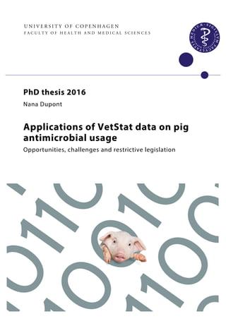 U N I V E R S I T Y O F C O P E N H A G E N
F A C U L T Y O F H E A L T H A N D M E D I C A L S C I E N C E S
I
PhD thesis 2016
Nana Dupont
Applications of VetStat data on pig
antimicrobial usage
Opportunities, challenges and restrictive legislation
 