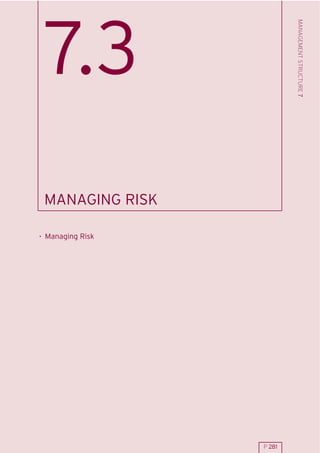 MANAGEMENT STRUCTURE 7
 7.3
 MANAGING RISK

. Managing Risk




                  P 281
 