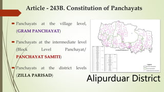 Article - 243B. Constitution of Panchayats
 Panchayats at the village level,
(GRAM PANCHAYAT)
 Panchayats at the intermediate level
(Block Level Panchayat/
PANCHAYAT SAMITI)
 Panchayats at the district levels
(ZILLA PARISAD)
Alipurduar District
 
