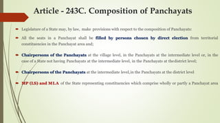 Article - 243C. Composition of Panchayats
 Legislature of a State may, by law, make provisions with respect to the composition of Panchayats:
 All the seats in a Panchayat shall be filled by persons chosen by direct election from territorial
constituencies in the Panchayat area and;
 Chairpersons of the Panchayats at the village level, in the Panchayats at the intermediate level or, in the
case of a State not having Panchayats at the intermediate level, in the Panchayats at thedistrict level;
 Chairpersons of the Panchayats at the intermediate level,in the Panchayats at the district level
 MP (LS) and MLA of the State representing constituencies which comprise wholly or partly a Panchayat area
 