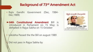 Background of 73rd Amendment Act
• Rajiv Gandhi Government (Dec, 1984-
Dec,1989)
64th Constitutional Amendment Bill is
introduced in Parliament on 15 May; is
defeated in Rajya Sabha on 15 October
• Loksbha Passed the the Bill on august 1989
• Did not pass in Rajya Sabha by
1944-1991
 