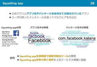 Squatting app 28
 公式アプリとアプリ名やパッケージ名を似せて公開されているアプリ
 ユーザの誤ったインストールを狙ってマルウェアを仕込む
Squatting appの例 アプリ名中の単語 パッケージ名中の単語
 Squatting appを高精度で検索可能なツールの開発
 Squatting appを取り巻く現状を上記ツールで大規模に調査
目的
 