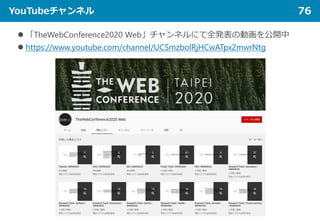 YouTubeチャンネル 76
 「TheWebConference2020 Web」チャンネルにて全発表の動画を公開中
 https://www.youtube.com/channel/UCSmzbolRjHCwATpx2mwrNtg
 