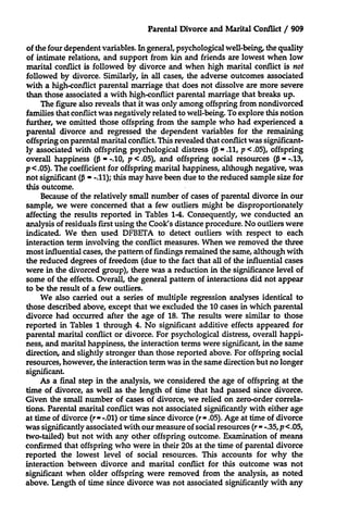 Parental Divorce and Marital Conflict / 909
of the four dependent variables. In general, psychological well-being, the quality
of intimate relations, and support from kin and friends are lowest when low
marital conflict is followed by divorce and when high marital conflict is not
followed by divorce. Similarly, in all cases, the adverse outcomes associated
with a high-conflict parental marriage that does not dissolve are more severe
than those associated a with high-conflict parental marriage that breaks up.
The figure also reveals that it was only among offspring from nondivorced
families that conflict was negatively related to well-being. To explore this notion
further, we omitted those offspring from the sample who had experienced a
parental divorce and regressed the dependent variables for the remaining
offspring on parental marital conflict. This revealed that conflict was significantly associated with offspring psychological distress (P - .11, p < .05), offspring
overall happiness (p - -.10, p < .05), and offspring social resources (P- -.13,
p <.05). The coefficient for offspring marital happiness, although negative, was
not significant ( =-.11); this may have been due to the reduced sample size for
this outcome.
Because of the relatively small number of cases of parental divorce in our
sample, we were concerned that a few outliers might be disproportionately
affecting the results reported in Tables 1-4. Consequently, we conducted an
analysis of residuals first using the Cook's distance procedure. No outliers were
indicated. We then used DFBETA to detect outliers with respect to each
interaction term involving the conflict measures. When we removed the three
most influential cases, the pattern of findings remained the same, although with
the reduced degrees of freedom (due to the fact that all of the influential cases
were in the divorced group), there was a reduction in the significance level of
some of the effects. Overall, the general pattern of interactions did not appear
to be the result of a few outliers.
We also carried out a series of multiple regression analyses identical to
those described above, except that we excluded the 10 cases in which parental
divorce had occurred after the age of 18. The results were similar to those
reported in Tables 1 through 4. No significant additive effects appeared for
parental marital conflict or divorce. For psychological distress, overall happiness, and marital happiness, the interaction terms were significant, in the same
direction, and slightly stronger than those reported above. For offspring social
resources, however, the interaction term was in the same direction but no longer
significant.
As a final step in the analysis, we considered the age of offspring at the
time of divorce, as well as the length of time that had passed since divorce.
Given the small number of cases of divorce, we relied on zero-order correlations. Parental marital conflict was not associated significantly with either age
at time of divorce (r- -.01) or time since divorce (r - .05). Age at time of divorce
was significantly associated with our measure of social resources (r = -.35, p <.05,
two-tailed) but not with any other offspring outcome. Examination of means
confirmed that offspring who were in their 20s at the time of parental divorce
reported the lowest level of social resources. This accounts for why the
interaction between divorce and marital conflict for this outcome was not
significant when older offspring were removed from the analysis, as noted
above. Length of time since divorce was not associated significantly with any

 