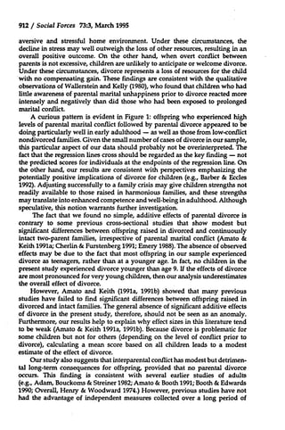 912 / Social Forces 73:3, March 1995
aversive and stressful home environment. Under these circumstances, the
decline in stress may well outweigh the loss of other resources, resulting in an
overall positive outcome. On the other hand, when overt conflict between
parents is not excessive, children are unlikely to anticipate or welcome divorce.
Under these circumstances, divorce represents a loss of resources for the child
with no compensating gain. These findings are consistent with the qualitative
observations of Wallerstein and Kelly (1980), who found that children who had
little awareness of parental marital unhappiness prior to divorce reacted more
intensely and negatively than did those who had been exposed to prolonged
marital conflict.
A curious pattern is evident in Figure 1: offspring who experienced high
levels of parental marital conflict followed by parental divorce appeared to be
doing particularly well in early adulthood - as well as those from low-conflict
nondivorced families. Given the small number of cases of divorce in our sample,
this particular aspect of our data should probably not be overinterpreted. The
fact that the regression lines cross should be regarded as the key finding - not
the predicted scores for individuals at the endpoints of the regression line. On
the other hand, our results are consistent with perspectives emphasizing the
potentially positive implications of divorce for children (e.g., Barber & Eccles
1992). Adjusting successfully to a family crisis may give children strengths not
readily available to those raised in harmonious families, and these strengths
may translate into enhanced competence and well-being in adulthood. Although
speculative, this notion warrants further investigation.
The fact that we found no simple, additive effects of parental divorce is
contrary to some previous cross-sectional studies that show modest but
significant differences between offspring raised in divorced and continuously
intact two-parent families, irrespective of parental marital conflict (Amato &
Keith 1991a; Cherlin & Furstenberg 1991; Emery 1988). The absence of observed
effects may be due to the fact that most offspring in our sample experienced
divorce as teenagers, rather than at a younger age. In fact, no children in the
present study experienced divorce younger than age 9. If the effects of divorce
are most pronounced for very young children, then our analysis underestimates
the overall effect of divorce.
However, Amato and Keith (1991a, 1991b) showed that many previous
studies have failed to find significant differences between offspring raised in
divorced and intact families. The general absence of significant additive effects
of divorce in the present study, therefore, should not be seen as an anomaly.
Furthermore, our results help to explain why effect sizes in this literature tend
to be weak (Amato & Keith 1991a, 1991b). Because divorce is problematic for
some children but not for others (depending on the level of conflict prior to
divorce), calculating a mean score based on all children leads to a modest
estimate of the effect of divorce.
Our study also suggests that interparental conflict has modest but detrimental long-term consequences for offspring, provided that no parental divorce
occurs. This finding is consistent with several earlier studies of adults
(e.g., Adam, Bouckoms & Streiner 1982; Amato & Booth 1991; Booth & Edwards
1990; Overall, Henry & Woodward 1974.) However, previous studies have not
had the advantage of independent measures collected over a long period of

 