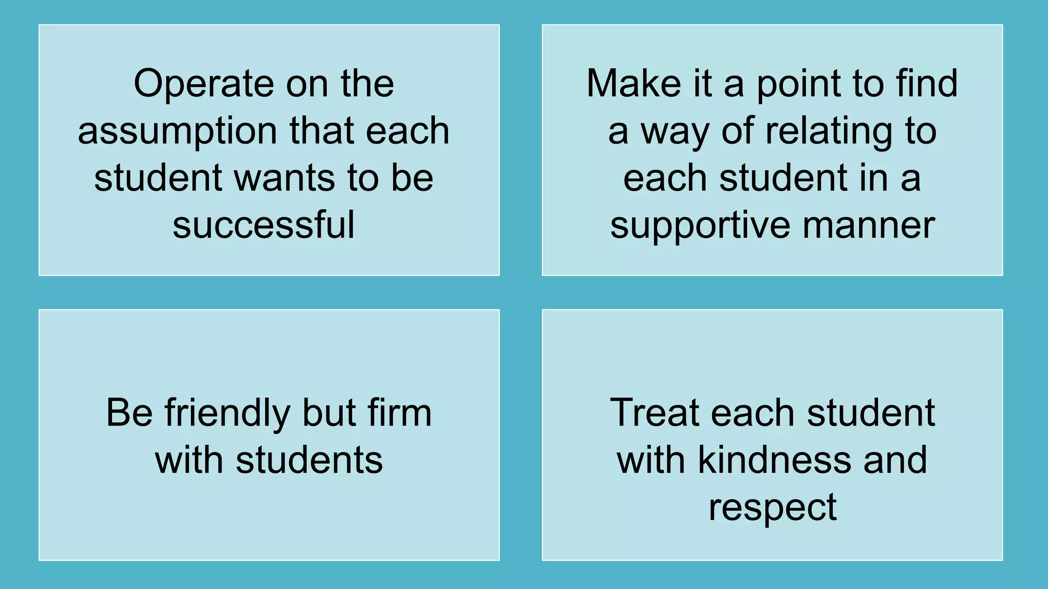 Operate on the
assumption that each
student wants to be
successful
Make it a point to find
a way of relating to
each student in a
supportive manner
Be friendly but firm
with students
Treat each student
with kindness and
respect
 