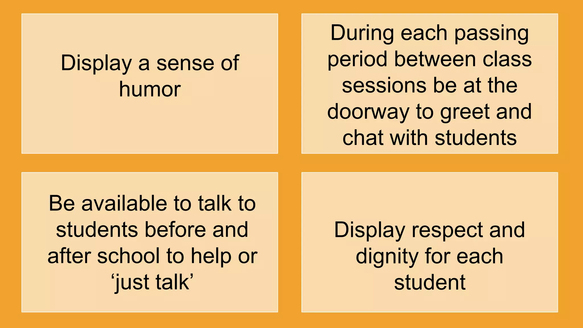 Display a sense of
humor
During each passing
period between class
sessions be at the
doorway to greet and
chat with students
Be available to talk to
students before and
after school to help or
„just talk‟
Display respect and
dignity for each
student
 